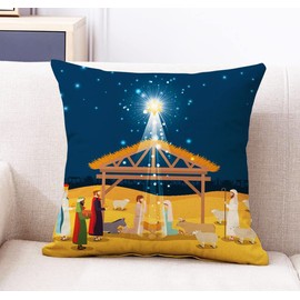 Jesus Throw Pillow Cover Holy Nativity Christmas Pillow Case Nativity Scene Throw Pillow Cover Christmas Pillowcase Decoration for Car Sofa Office Bed Room Birth of Jesus Pillow Cover 18'' x 18''
