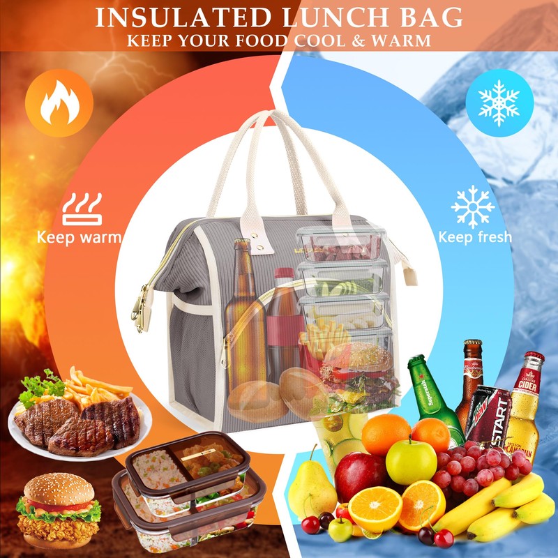 LOKASS Lunch Bag Women Insulated Lunch Box Wide-Open Lunch Tote