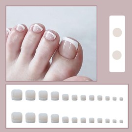 24Pcs Press on Toenails Short French White Tips False Toenails Square Artificial Nude Fake Toe Nails Acrylic Full Cover Summer Stick on Toe Nails for Women Girls Nail Salon and Nail Art DIY