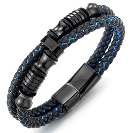 Mens Double-Row Black Blue Braided Leather Bracelet Bangle Wristband with Black Stainless Steel Ornaments(CA)