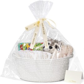 Gift Basket Empty to Fill, Woven Basket for Toy Storage, Basket for Shelves, Small Rope Basket for Baby, Dog Toy Basket, Decorative Basket with Gift Bags & Ribbon, 30 x 20 x 12 cm, White