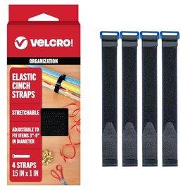 VELCRO Brand VEL-30792-AMS 15 Inch Elastic Straps 4 Pack | Stretchable and Adjustable for Snug Fit | Fasten Lumber, Yoga Mats, Tools, Camping Equipment, More | Cinch with Buckle, Black 15x1