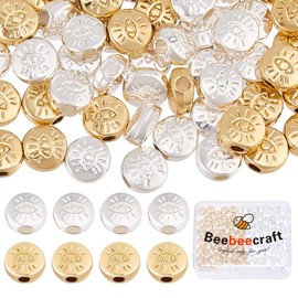 Beebeecraft 1 Box 100Pcs Evil Eye Spacer Beads Real 18K Gold & Sterling Silver Plated Alloy Flat Round Beads for DIY Necklace Jewelry Making
