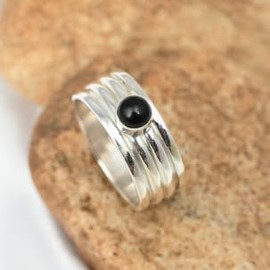 JEWELSTREZORO Schwarzer Onyx Edelstein Spinnerring Männer & Frauen Spinnerring 925 Sterling Silber Meditationsring Geschenkartikel Schmuck TSR148K_52 (16.6)