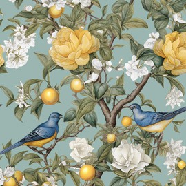 Danodoi Blue Bird Wallpaper Peel and Stick Wallpaper Lemon Tree Wallpaper Green Floral Contact Paper for Cabinets Waterproof Self Adhesive Wall Paper for Kitchen Countertop Wall 17.5" x 393"