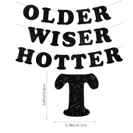 Neyeidru 3pcs Pre-Strung Older Wiser Hotter Banner Funny Black Glitter Birthday Bunting Sign for Women Men 30th 40th 50th 60th 70th 80th Birthday Party Decorations