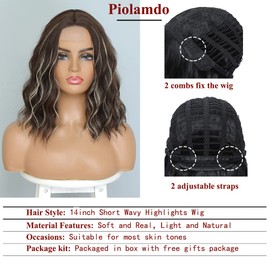 Piolamdo Short Wavy Curly Wig for Women Short Bob Brown Mixed Blonde Wigs Middle Part Hair Wig Synthetic Replacement Wigs Heat Resistant Fiber Party Costume Wig(14inch Brown Mixed Blonde)
