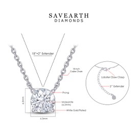SAVEARTH DIAMONDS 18K White Gold Plated Solitaire Pendant Necklace, 6.5MM Moissanite Diamond Necklace for Women Jewelry 18"+2" Inch Extender (0.90 Ctw)