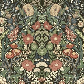 Vintage Wallpaper Peel and Stick Floral Wall Paper Removable Waterproof Green/Black/Yellow Contact Paper for Bedroom, Bathroom, Home Wall 17.3" x 118"