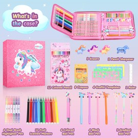 Hot Bee Colouring Pens Toys 56 PCS, Unicorn Gifts for Girls 3-7 Year Old, Stationery Set, Arts and Crafts for Kids, Travel Toys