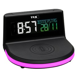 TFA Dostmann Charge-IT Wireless Digitalwecker, 60.2028.01, mit kabelloser Ladestation (Qi) für Smartphones, mit Datum und Raumtemperatur, mit Farbdisplay, Weckalarm mit Snooze-Funktion, schwarz