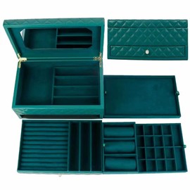 SANSREPONSE Wooden Extra Large Jewelry Box Organizer Luxurious Faux-Leather with Drawer Trays Mirror Earrings Necklace Ring Rests for Women(Green)
