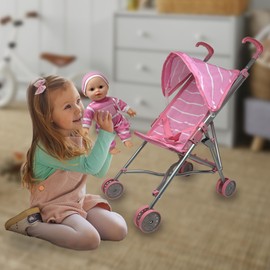 Baby Doll with Stroller Set - 12" Baby Doll with Pacifier Gift Set - Pink Fabric Baby Stroller Toy for Kids - Foldable Play Stroller for Dolls with Canopy - Doll Stroller for Toddlers, Girls