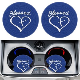 Lyxheth 2PCS Car Cup Holder Coaster, Cup Holder Insert, 2.75 Inch Anti Slip Shockproof Embedded Drink Mat, Blessed Cross and Heart Christian Auto Drink Cup Mat Car Accessories Fit Cars (Blue)