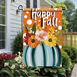 Tomhong Fall Garden Flag Blue Pumpkin Flowers Happy Fall 12x18 Inch Double Sided Outdoor Yard Banner for Thanksgiving Harvest Autumn Seasonal Home Decor