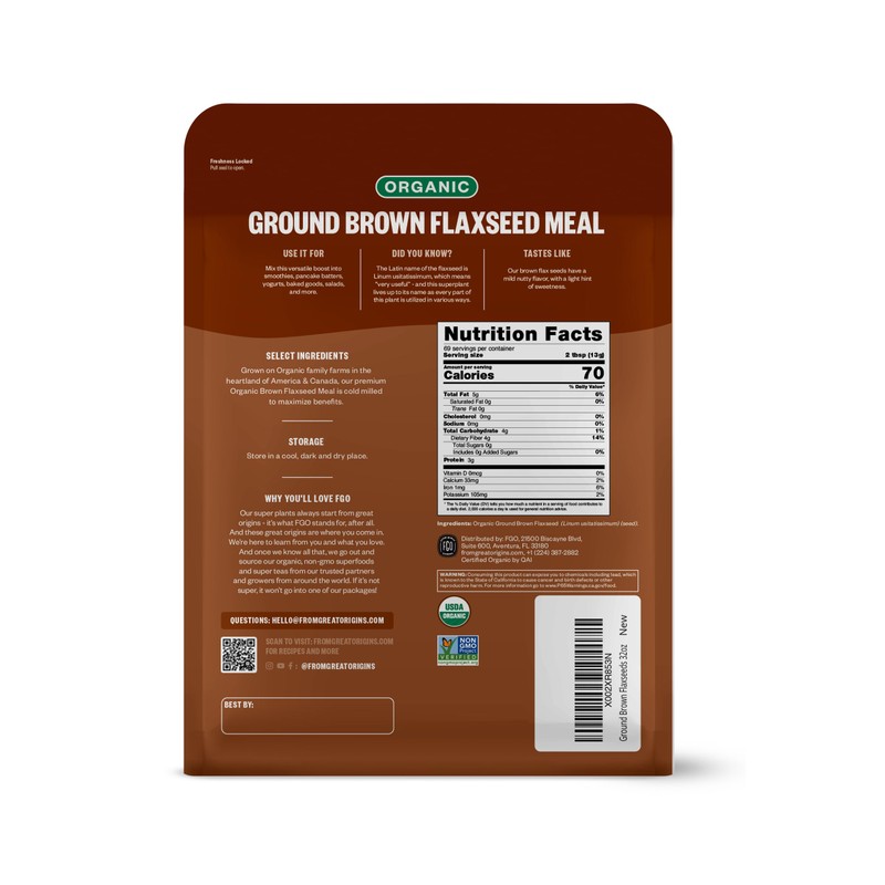 FGO Organic Ground Brown Flaxseed Meal, 2 Pound / 32oz