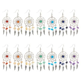 FASHEWELRY 7 Pairs Dream Catcher Feather Earrings for Women Bohemian Western Jewelry Earrings Gemstone Chakras Bead Dreamcatcher Dangle Drop Wing Earrings for DIY Women's Jewelry, Brass, Turquoise Red