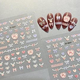 Heart & Bow-Knot Nail Art Stickers 5D Embossed Heart Nails Decals Heart Bowknot Design Nail Art Decals for Nail Art Decoration, Self Adhesive Elegant Heart Bowknot Nail Art Supplies for Women