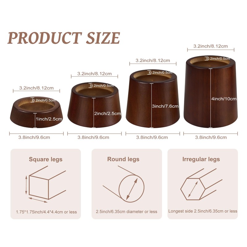 Wood Bed Furniture Risers Blocks - 3 inch Set of