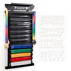 Tilhumt 12 Belts Karate Belt Display Rack with Sticker, Felt Martial Arts Belts Display Holder with Dust Cover, Easily Insert and Remove Belt, Taekwondo Belt Organizer for Adults, Black