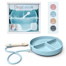 DropLess Plate – Silicone Baby Plate with Suction & Utensil Tether | No More Dropped Spoons or Forks | Toddler Suction Plate | BPA-Free | Microwave & Dishwasher Safe | 100% Food Grade | Blue