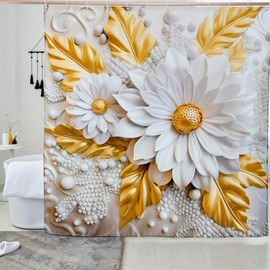 MACOFE Luxurious Golden Floral Shower Curtain, Beige Tone with White Flower Pearlescent Fabric Bathroom Decor, Waterproof & Washable Shower Curtain Set with Hooks, 72x72 Inch