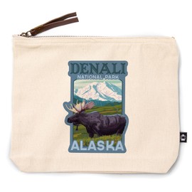 Lantern Press Denali National Park, Alaska, Moose and Snowy Mountain, 100% Cotton Zipper Pouch, Travel Accessory, Go Bag