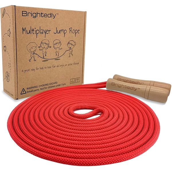 Brightedly 16 FT Long Jump Rope for Kids, Multiplayer, Adjustable | Classic Look Wooden Handle | Durable Kids Jumping Rope, Skipping Rope, Outdoor Fun, Party Game, Birthday Gift