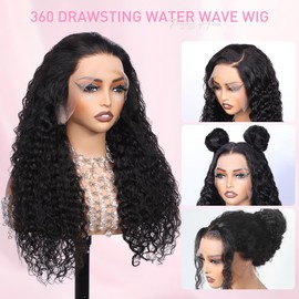 Pizazz Hidden Strap 360 Full Lace Frontal Wigs Human Hair Pre Plucked Pre Bleached 180 Density Glueless Water Wave Human Hair Wigs with Drawstring (Black, 22 Inch)