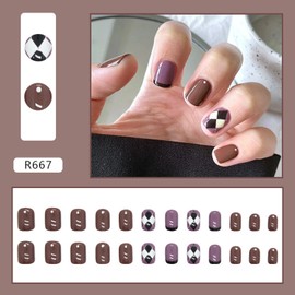 Press on Nails Short Length Coffin Shape, 24Pcs Full Cover Reusable False Nails Kits, Artificial Fingernails Acrylic Fake Nails with Designs, Stick on Nails for Women, Glue on Nails Short Square(R667)