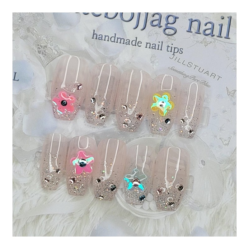 Glitter Flower Handmade Nail Tips - Coffin Egg / 글리터
