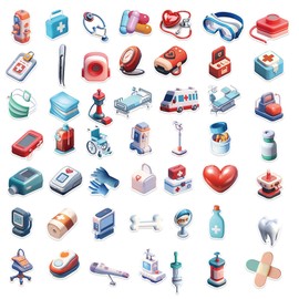 50Pcs Medical Stickers Funny Doctor Cartoon 3D Decal Childrens Decorative Sticker for Kids Teens Adults for Water Bottle Laptop Luggage (Medical)