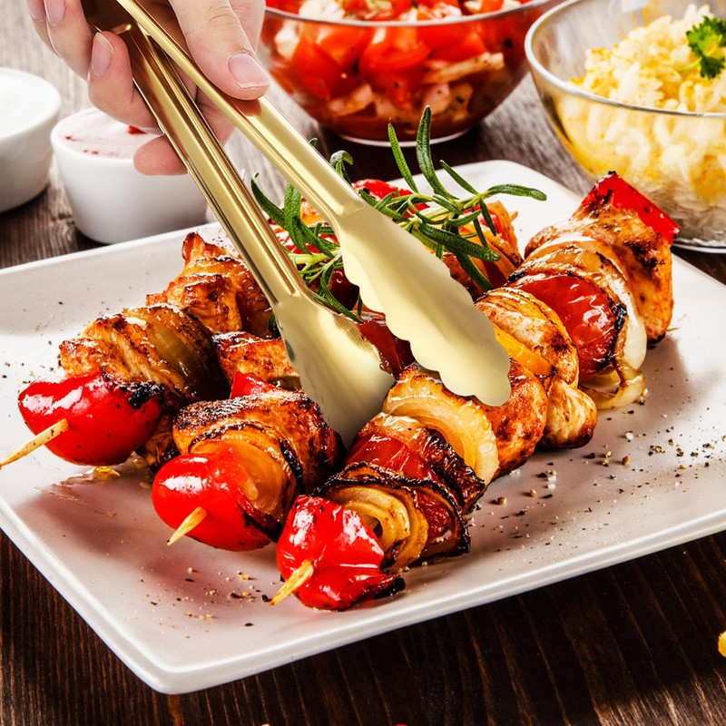 Luxshiny 4pcs Golden Stainless Steel Serving Tongs for Cooking, BBQ,