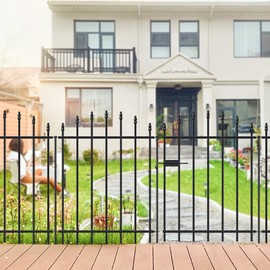 FOREHOGAR Metal Garden Fence with Gate 32 in H x 12 ft L, 1 Gate + 5 Panels Border Dog Fence Panels Animal Barrier, No Dig Garden Fencing for Yard Patio Flower Bed Lawn Outdoor, Arch Black