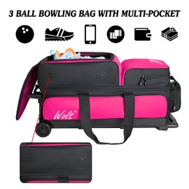 WOLT 3 Ball Bowling Bags with Wheels, 3 Ball Roller with Separate Shoe Compartment and Accessory Pocket, Retractable Handle Extends to 38'