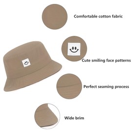 Kids Sun Hat Smile Face Bucket Hat for Girls Boys Summer Sun Protection Cotton Unisex Beach Cap (US, Numeric, 6 3/4, 6 7/8, Khaki)