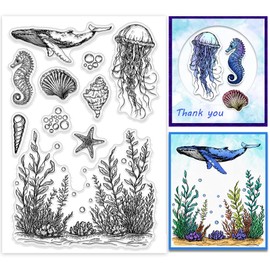 PH PandaHall - Sello transparente de animales marinos para álbum de recortes, concha de caballito de mar estrella de mar sello de silicona medusas hierba de mar sello de goma transparente para