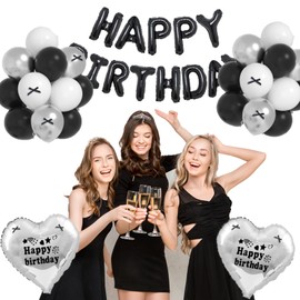 Black Coquette Birthday Decorations-Black Happy Birthday Balloons, Heart Balloons With Birthday Stickers, Black White Silver Balloons For Black And White Bow Birthday Decorations