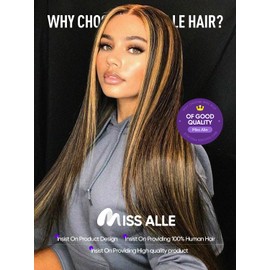 Miss Alle Ombre Lace Front Wig Human Hair 230% Density 4/27 Honey Blonde 13x4 Highlight Blunt Cut Straight Wigs Human Hair Pre Plucked Bleached Knots HD Lace Frontal Wig