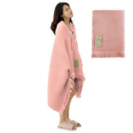 Jamron Pure Cotton Waffle Bath Towel Quick Dry Soft 180x90cm Large Bath Sheet Tassel Shawl SN079108 Light Pink