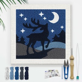 DOODLREAM Deer Under Moon Punch Needle Embroidery Kit for Adult Beginner, 24 cm Punch Stitching Craft Set for Starter with Frame, Fabric Pattern, Threader, Yarn, Punch Needle