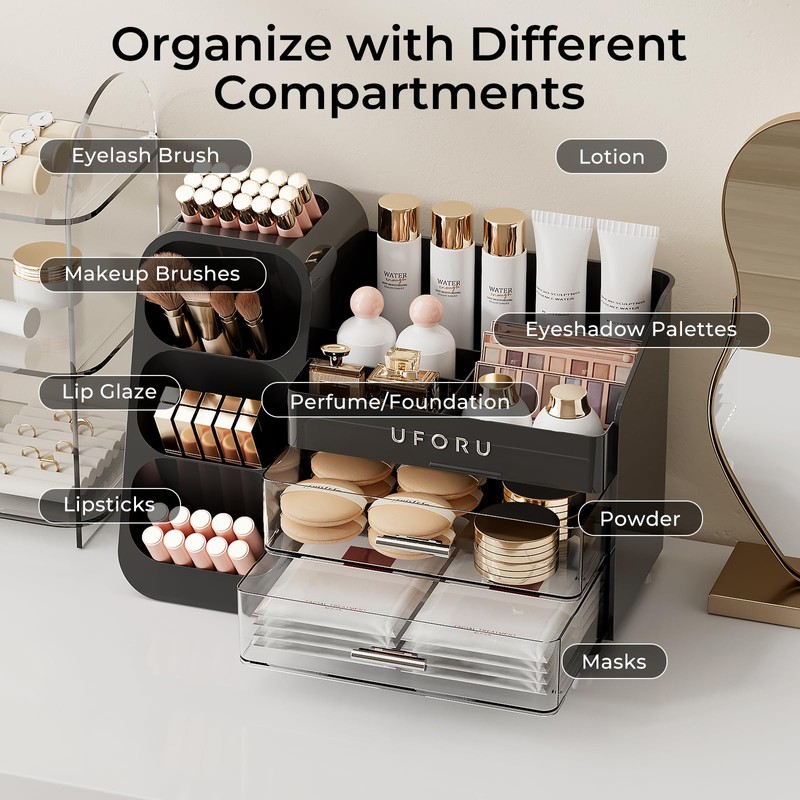 UFORU Makeup Organizer for Vanity with Brush Holder, Countertop Skincare