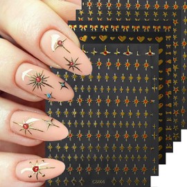 6 Sheets Star Nail Stickers 3D Self-Adhesive Gold Star Nail Art Stickers with Red Rhinestones Design Stickers Bronzing Heart Bow Nail Decals for Women Girls DIY Acrylic Manicure Decorations Kits