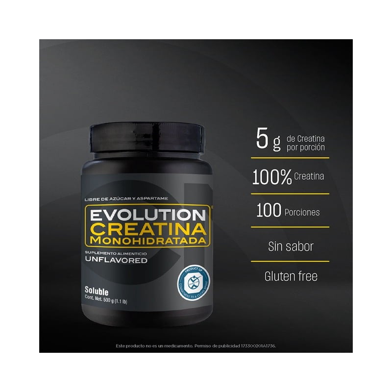 Monohidrato de Creatina Evolution Nutraceutical Bote Natural Soluble 500 Gramos