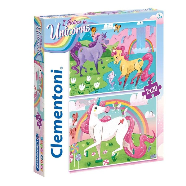 Clementoni 24754 Clementoni-24754-Supercolor-Unicorno 2 x 20 Pièces 24754-Supercolor Unicorn Brilliant – 2 x 20 Pieces Jigsaw Puzzle, Multi-Coloured