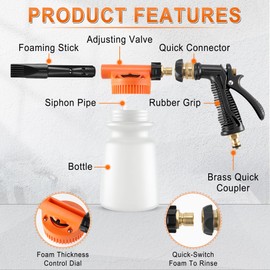 LivTee Car Wash Foam Gun – Hose Foam Cannon with 5 Spray Settings, Connects to Any Garden Hose, Scratch-Free Cleaning for Car, Truck & Boat, Includes Wash Mitt and Soap Applicator (Orange)