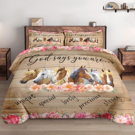 WeCozy 3 Pcs Comforter Set Full Size with 2 Pillowcases, Colorful Horses Animal Pink Flower Bedding Set for Kids and Adults, Inspirational Thoughts and Prayer Soft Comforter Set for Bedroom Bed Decor
