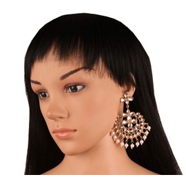 Touchstone "Contemporary Kundan Collection" Indian Bollywood Beautiful Kundan Polki Look Faux Pearls Hangings Long Designer Jewelry Earrings and Mangtika In Gold Tone For Women.