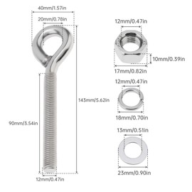 Smgda 2Pcs M12 Eye Bolt with Nut and Washers, 1/2" x 3.5"bLong Shank Threaded Rod Round Hook Eyelet Bolt Screw,5.6" Total LengthShoulder Lifting Ring Threaded Eyebolts