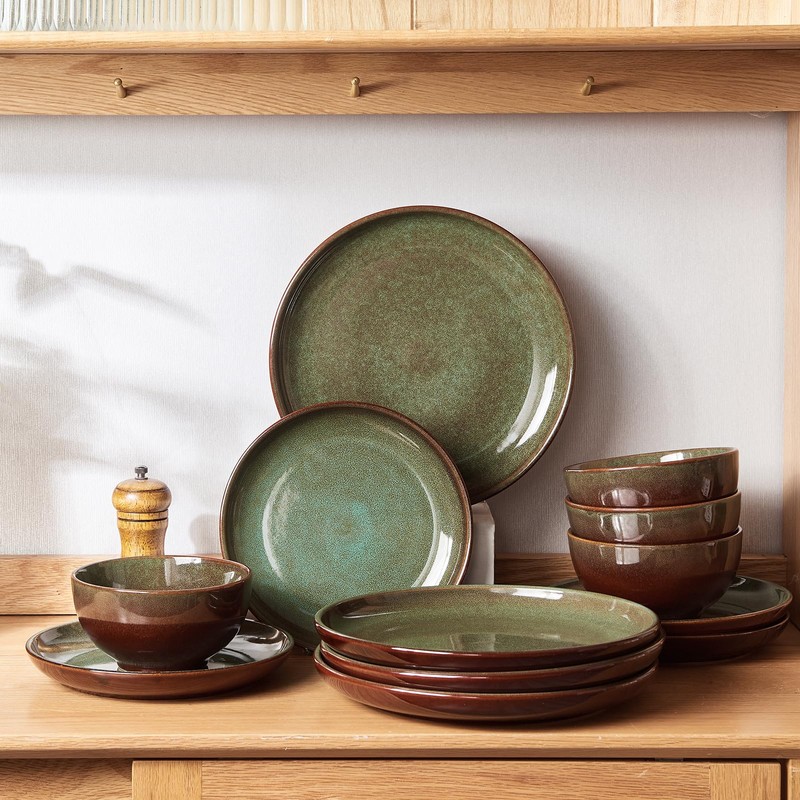 Pokini Stoneware Dinnerware Sets Service for 4, 12 pcs Reactive